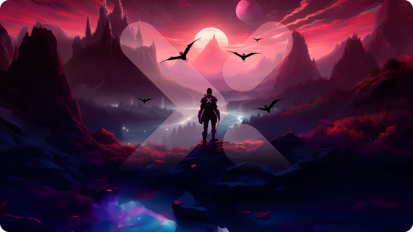 A graphic depiction of a of a warrior-type silhouette standing in an imaginary pink and purple landscape with mountains and birds.