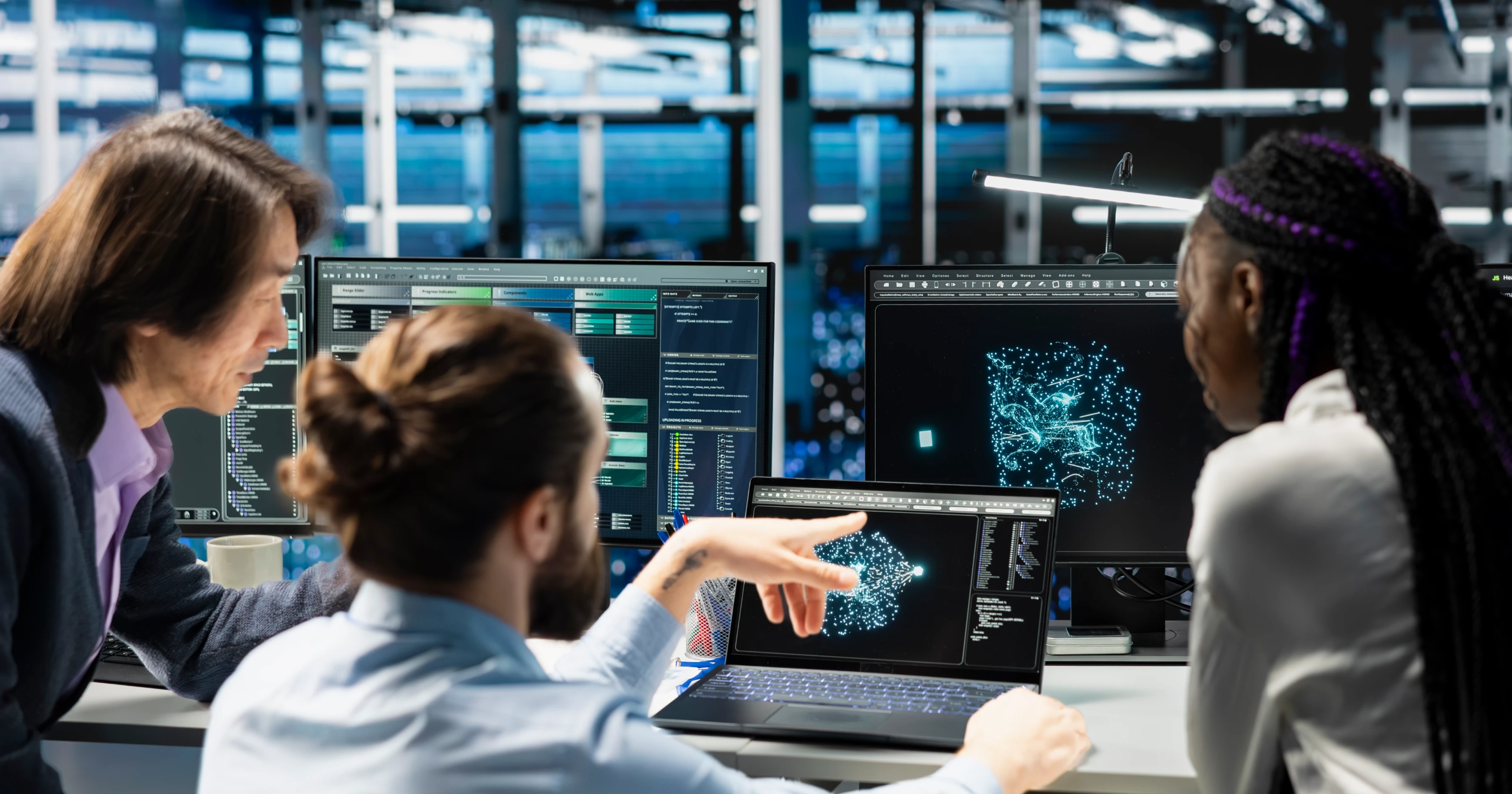 Team of programmers using AI automation services while brainstorming in a data center