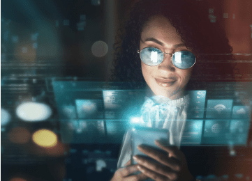 Strategic workforce planning – a woman with round blue-tinted glasses looks at her cell phone. Multiple images of her screen appear around her.