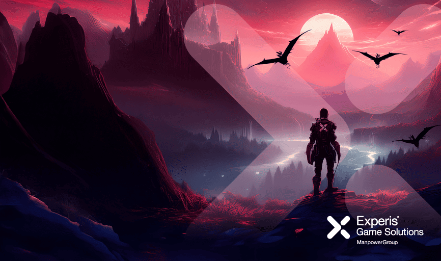 A mythical warrior figure stands with his back to the camera in a purple landscape symbolizing game testing.