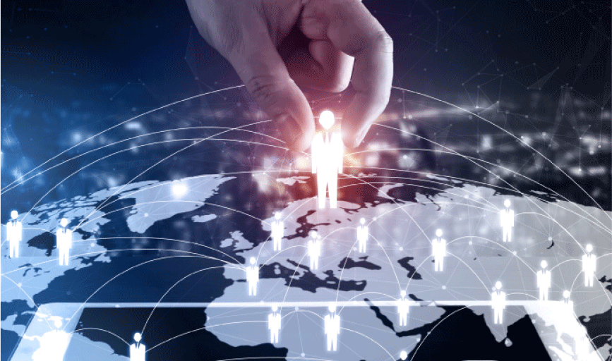 illuminated person standing on virtual earth
