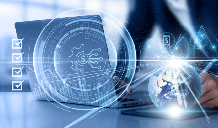 Managed service: blue-tone graphics of checkmarks and diagrams depicting software configuration and process