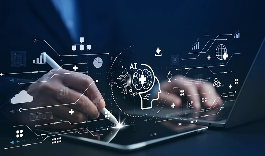 Content Manager   Graphic overlay representing AI and automation atop male hands typing on a tablet. 